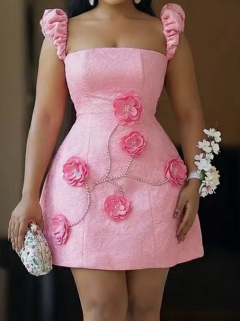 Pink Floral Appliqué Strap Mini Dress
